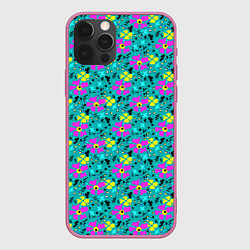 Чехол для iPhone 12 Pro Max Яркий цветочный узор на бирюзовом фоне, цвет: 3D-малиновый