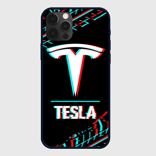 Чехол iPhone 12 Pro Max Значок Tesla в стиле Glitch на темном фоне / 3D-Черный – фото 1