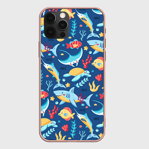 Чехол iPhone 12 Pro Max Акула, скат и другие обитатели океана - лето / 3D-Светло-розовый – фото 1