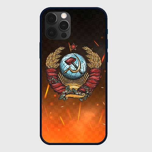 Чехол iPhone 12 Pro Max Герб СССР на фоне огня / 3D-Черный – фото 1