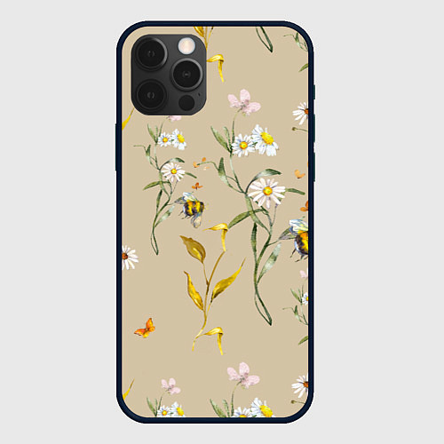 Чехол iPhone 12 Pro Max Нарисованные Цветы Ромашки и Пчёлы / 3D-Черный – фото 1