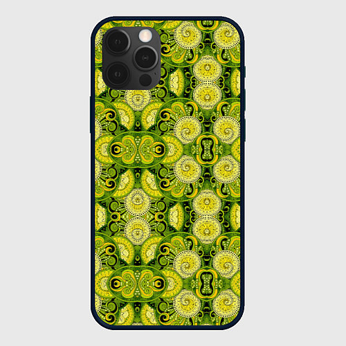 Чехол iPhone 12 Pro Max Зеленые узоры: волны абстракции / 3D-Черный – фото 1