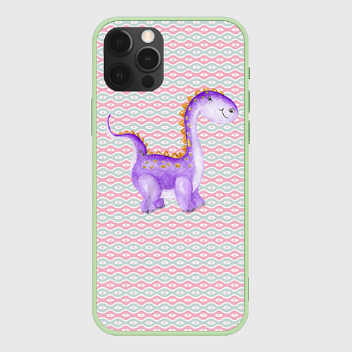 Чехол iPhone 12 Pro Max Фиолетовый маленький динозаврик / 3D-Салатовый – фото 1
