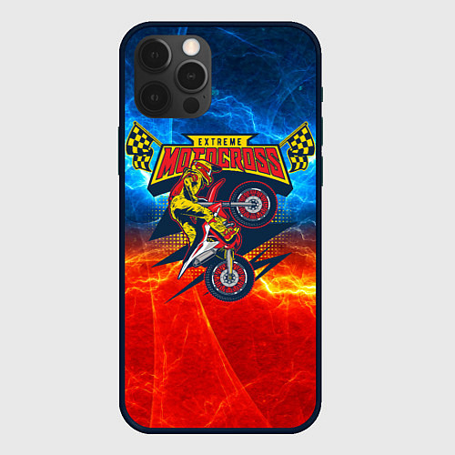 Чехол iPhone 12 Pro Max Extreme motocross: мотоциклист на фоне огня / 3D-Черный – фото 1