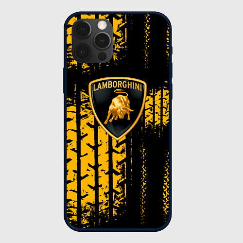 Чехол iPhone 12 Pro Max Lamborghini - жёлтые следы шин / 3D-Черный – фото 1