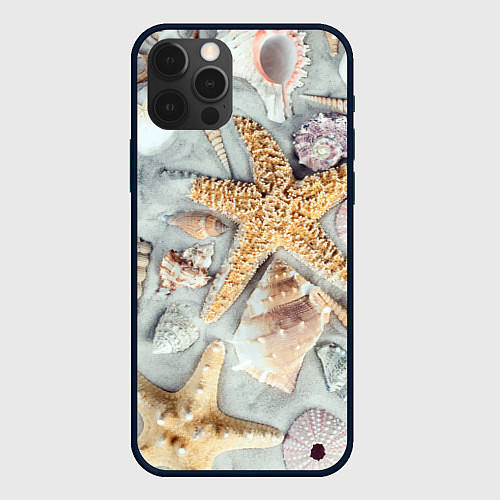 Чехол iPhone 12 Pro Max Морские звёзды и ракушки на океанском песке / 3D-Черный – фото 1