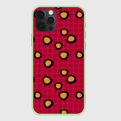 Чехол iPhone 12 Pro Max Черно-желтые пятна на красном клетчатом фоне / 3D-Салатовый – фото 1