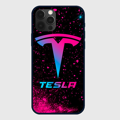 Чехол iPhone 12 Pro Max Tesla - neon gradient / 3D-Черный – фото 1