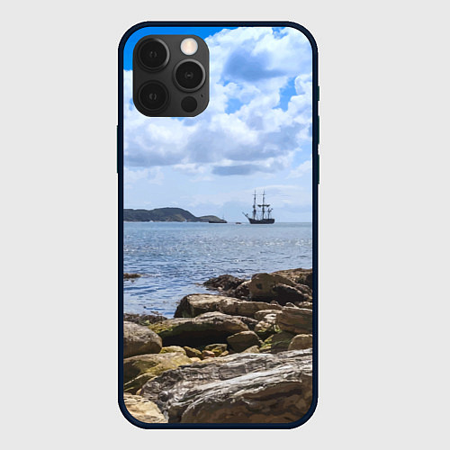 Чехол iPhone 12 Pro Max Парусник на горизонте океана / 3D-Черный – фото 1