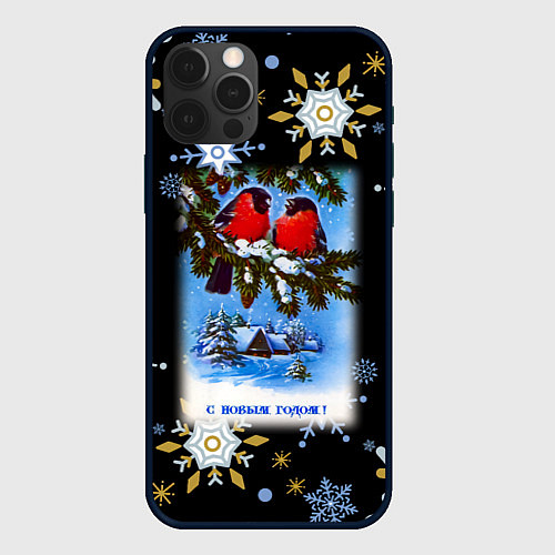 Чехол iPhone 12 Pro Max Новый Год Два Снегиря Сидят На Ветке / 3D-Черный – фото 1