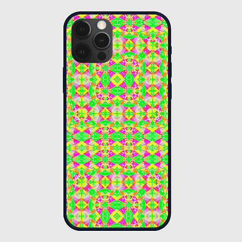Чехол iPhone 12 Pro Max Желтый, зеленый, малиновый калейдоскопический неон / 3D-Черный – фото 1