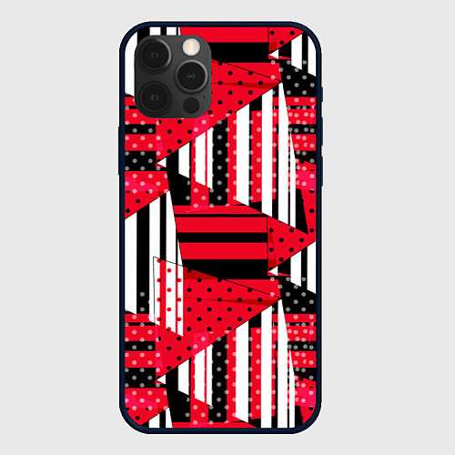 Чехол iPhone 12 Pro Max Красный, черный и белый горошек и полоска, пэчворк / 3D-Черный – фото 1