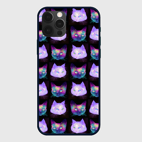 Чехол iPhone 12 Pro Max Неоновые кошачьи морды / 3D-Черный – фото 1