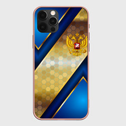 Чехол для iPhone 12 Pro Max Золотой герб России на синем объемном фоне, цвет: 3D-светло-розовый