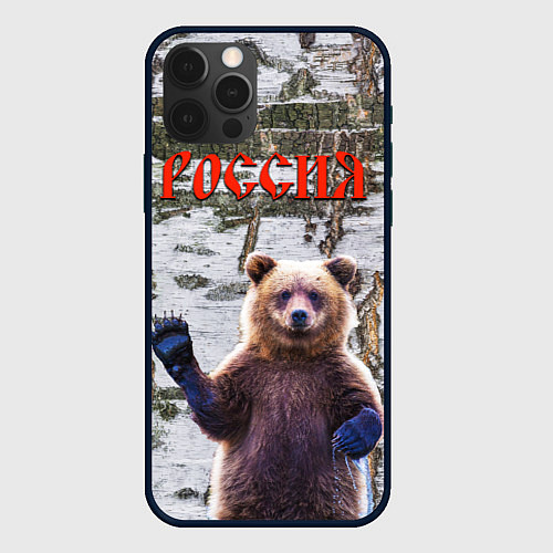 Чехол iPhone 12 Pro Max Российский медведь на фоне берёзы / 3D-Черный – фото 1