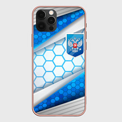 Чехол iPhone 12 Pro Max Синий герб России на объемном фоне