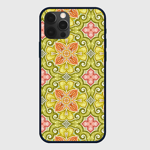 Чехол iPhone 12 Pro Max Зеленые узоры и оранжевые цветы / 3D-Черный – фото 1