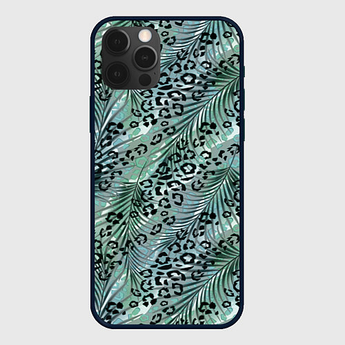 Чехол iPhone 12 Pro Max Листья пальмы на леопардовом серо - зеленом фоне / 3D-Черный – фото 1