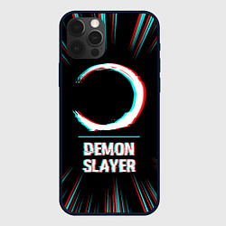 Чехол iPhone 12 Pro Max Символ Demon Slayer в стиле glitch на темном фоне