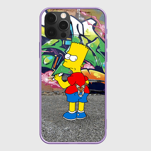 Чехол iPhone 12 Pro Max Хулиган Барт Симпсон на фоне стены с граффити / 3D-Сиреневый – фото 1