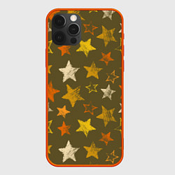 Чехол для iPhone 12 Pro Max Желто-оранжевые звезды на зелнгом фоне, цвет: 3D-красный