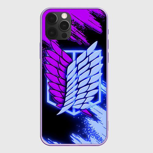 Чехол iPhone 12 Pro Max Attack on Titan logo neon / 3D-Сиреневый – фото 1