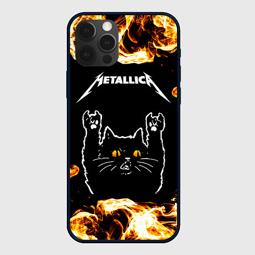 Чехол iPhone 12 Pro Max Metallica рок кот и огонь / 3D-Черный – фото 1