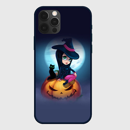 Чехол iPhone 12 Pro Max Маленькая прикольная ведьмочка с милым котёнком / 3D-Черный – фото 1