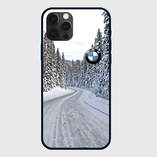 Чехол iPhone 12 Pro Max BMW - зимняя дорога через лес / 3D-Черный – фото 1