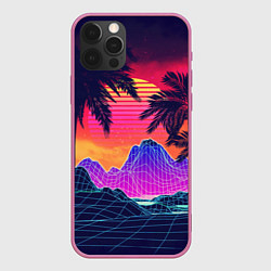Чехол для iPhone 12 Pro Max Тропический остров с пальмами ретро иллюстрация, цвет: 3D-малиновый