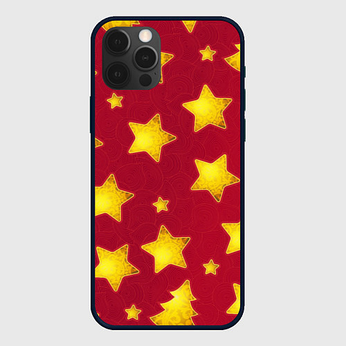 Чехол iPhone 12 Pro Max Золотые звезды и елки на красном / 3D-Черный – фото 1