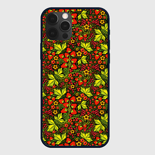 Чехол iPhone 12 Pro Max Хохлома - клубника и рябина / 3D-Черный – фото 1