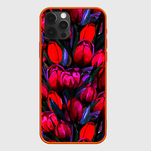 Чехол iPhone 12 Pro Max Тюльпаны - поле красных цветов / 3D-Красный – фото 1