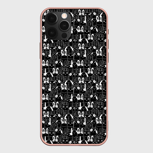 Чехол iPhone 12 Pro Max Кролики черно-белые / 3D-Светло-розовый – фото 1