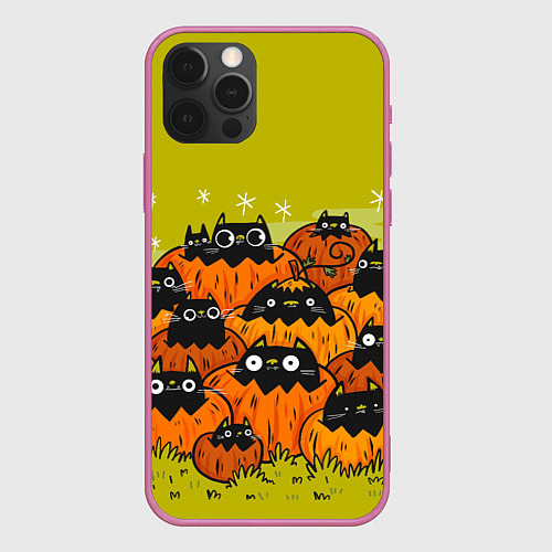 Чехол iPhone 12 Pro Max Хэллоуин - коты в тыквах / 3D-Малиновый – фото 1