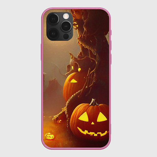 Чехол iPhone 12 Pro Max Жуткое дерево и улыбающаяся тыква на Хэллоуин / 3D-Малиновый – фото 1