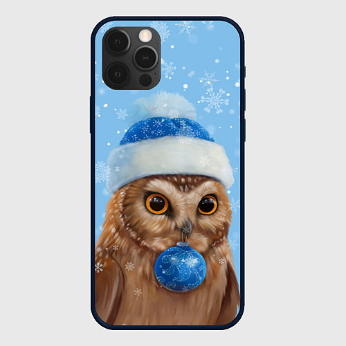 Чехол iPhone 12 Pro Max Новогодняя сова в шапке / 3D-Черный – фото 1