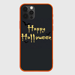 Чехол iPhone 12 Pro Max Happy Halloween надпись с летучими мышами