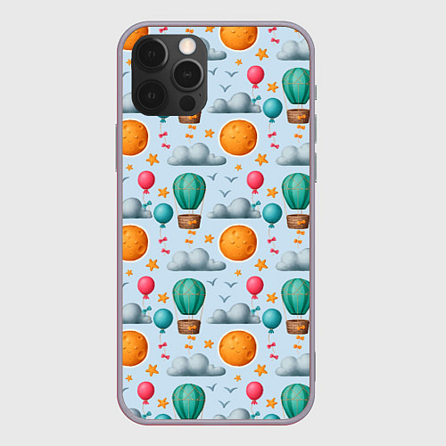 Чехол iPhone 12 Pro Max Воздушные шары и луна / 3D-Серый – фото 1