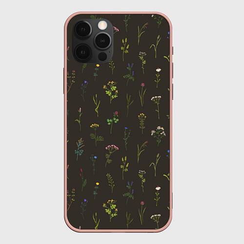 Чехол iPhone 12 Pro Max Полевые растения на темном фоне / 3D-Светло-розовый – фото 1