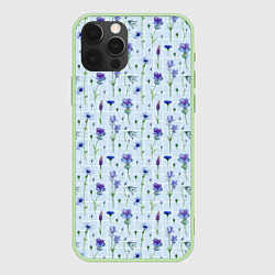Чехол для iPhone 12 Pro Max Синие и фиолетовые цветы на голубой клетке, цвет: 3D-салатовый