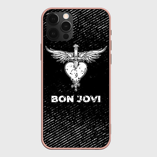 Чехол iPhone 12 Pro Max Bon Jovi с потертостями на темном фоне / 3D-Светло-розовый – фото 1