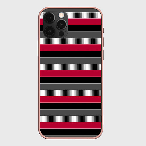 Чехол iPhone 12 Pro Max Красно-черный полосатый современный узор / 3D-Светло-розовый – фото 1