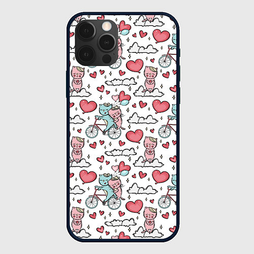 Чехол iPhone 12 Pro Max Влюблённые кот и кошка на велосипеде / 3D-Черный – фото 1