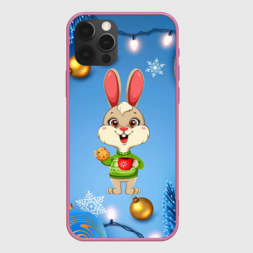 Чехол iPhone 12 Pro Max Новогодний зайчик с кофе / 3D-Малиновый – фото 1