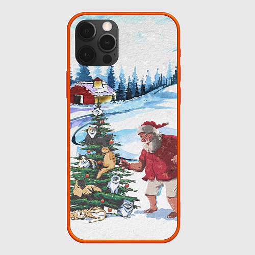 Чехол iPhone 12 Pro Max Санта Клаус и ёлка с котами / 3D-Красный – фото 1