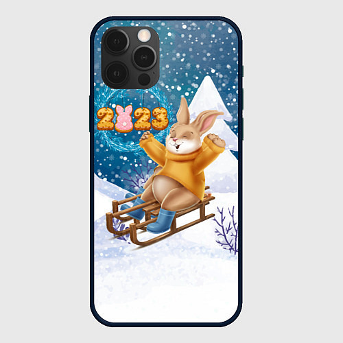 Чехол iPhone 12 Pro Max Зайчик на санках 2023 / 3D-Черный – фото 1