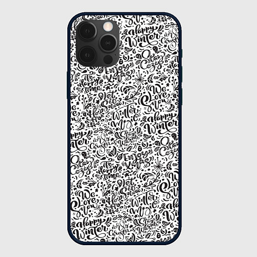 Чехол iPhone 12 Pro Max Новогодний узор леттеринг надписи / 3D-Черный – фото 1