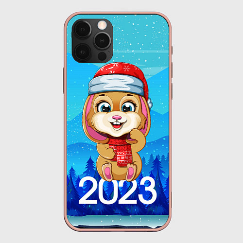 Чехол iPhone 12 Pro Max Зайчик Новый год 2023 / 3D-Светло-розовый – фото 1