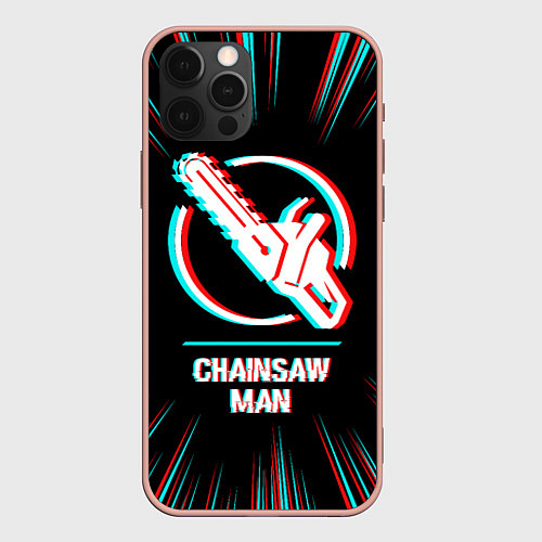 Чехол iPhone 12 Pro Max Символ Chainsaw Man в стиле glitch на темном фоне / 3D-Светло-розовый – фото 1